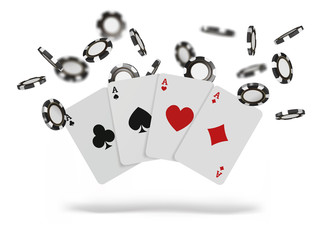 Playing cards and poker chips fly casino. Concept on white background. Poker casino vector illustration