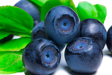 Blueberries with leaves isolated on white background