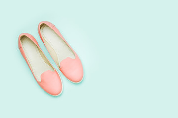 Stylish female shoes in pastel colors. Beauty and fashion concept. Flat lay, top view
