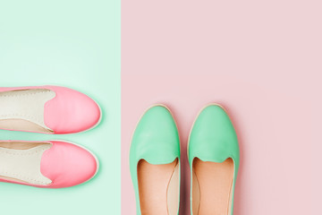 Stylish female shoes in pastel colors. Beauty and fashion concept. Flat lay, top view