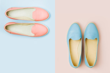 Stylish female shoes in pastel colors. Beauty and fashion concept. Flat lay, top view