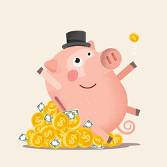 Happy piggy bank with coins.