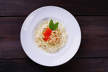 Seafood pasta with caviar and shrimps, delicious traditional Italian meals for foodie. Restaurant menu, healthy food