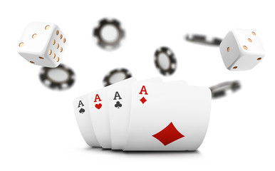 Playing cards, poker chips and dice fly casino on white background. Poker casino vector illustration. Online casino game gambling 3d vector concept, poker mobile app icon
