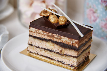Chocolate cake with cream and nuts close-up.