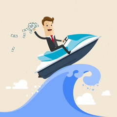 Happy successful businessman surfing on the jet ski.