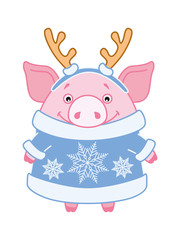 Cheerful pig in a blue coat with antlers on his head. Symbol of the new year 2019 in the Chinese calendar. Vector. Cartoon style
