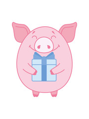 Cheerful pig with a gift box with a bow. Symbol of the new year 2019 in the Chinese calendar. Vector. Cartoon style.