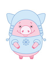 Cheerful pig in a Scandinavian hat and a sweater with a snowflake. Symbol of the new year 2019 in the Chinese calendar. Vector. Cartoon style