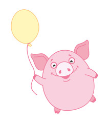 Cheerful pig with a yellow balloon. Symbol of the new year 2019 in the Chinese calendar. Vector. Cartoon style.