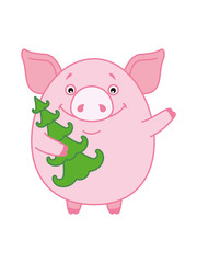cheerful pig with a green tree waving a foot. Symbol of the new year 2019 in the Chinese calendar. Vector. Cartoon style