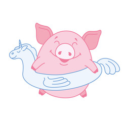 Joyful pig with an inflatable circle in the form of a white unicorn. Symbol of the new year 2019 in the Chinese calendar. Vector. Cartoon style
