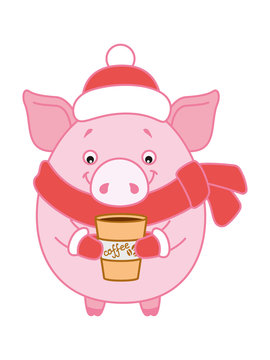 Cheerful piggy red hat and scarf holding a glass of coffee. Symbol of the new year 2019 in the Chinese calendar. Vector. Cartoon style