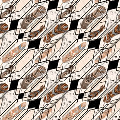 Boho ethnic seamless pattern with feathers.