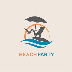 emblem of summer vacation with reclining chair and umbrella on island © Alexkava