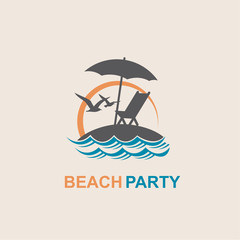 emblem of summer vacation with reclining chair and umbrella on island