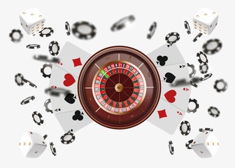 Fototapeta premium Casino background roulette wheel with playing cards, dice and chips. Online casino poker table concept design. Top view of white dice and chips on blue background. Casino sign. 3d vector illustration