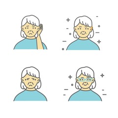 Senior, hard of hearing woman holding hand to her ear. Vector art, flat design on isolated background.