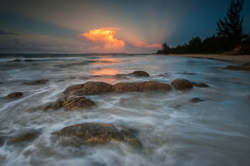 beautiful sunset seascape with ray of light.