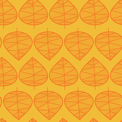 Doodle leaves pattern. Orange leaves on a yellow background. Seamless vector pattern. Perfect for fabric, all kinds of paper projects, and stationery.