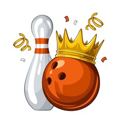 Vector illustration of bowling skittle and orange bowling ball in golden crown, isolated on white background. Winner. Champion 1.1