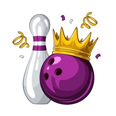 Vector illustration of bowling skittle and purple bowling ball in golden crown, isolated on white background. Winner. Champion 1.1