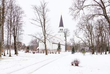 Fototapeta na wymiar Sigulda Evangelic Lutheran Church. Sigulda is a town in Latvia and the Church is pictured on a winter day.