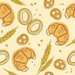 Croissant, bagels, ear, pretzels seamless pattern. Doodle vector. Vintage food icons,s weet elements background for menu, cafe shop. Bakery background...