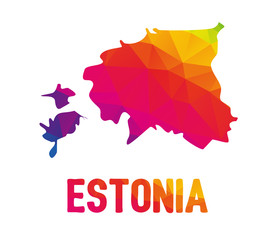 Low polygonal map of Republic of Estonia (Eesti Vabariik) with sign Estonia, both in warm colors of red, purple, orange and yellow; sovereign state in Eastern Europe