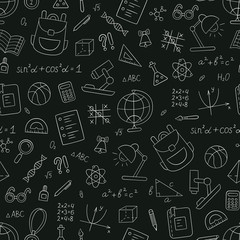 School seamless pattern in doodle and cartoon style. Chalkboard. Vector. EPS 10