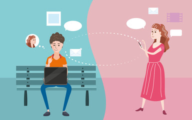 Illustration of a Teenager Using Laptop in a Bench, teenager using smartphone, social network, chats, communisation, cartoon style, vector