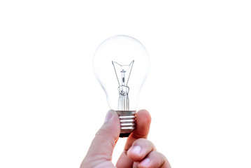 hand holding incandescent light bulb isolated on white background