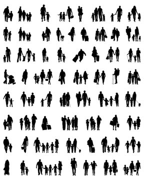 Silhouettes of families at walking, vector