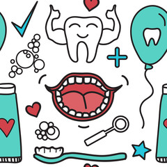 Vector Dental care seamless pattern. Set Symbols for kids in cartoon style.