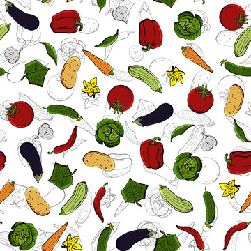 Vector seamless retro drawing of vegetables. Can be used for web page background, fills drawings, wallpapers, surface textures.