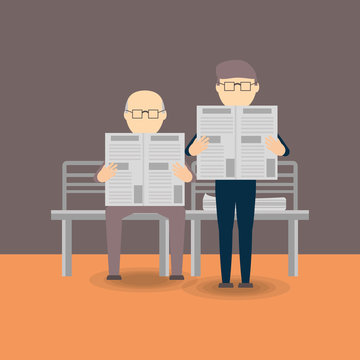bench with men reading newspaper over brown background, colorful design. vector illustration