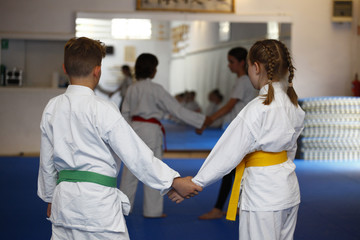 Children in kimono during aikido training in the gym