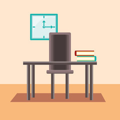 desk with books over orange background, colorful design. vector illustration