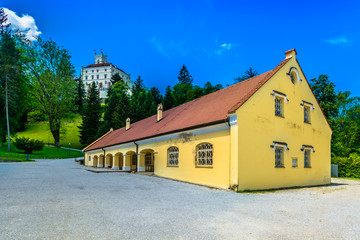 Trakoscan Zagorje architecture Croatia. / Scenic view at old castle Trakoscan in Zagorje region, Northern Croatia landmarks.