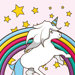 Cute unicorn  over rainbow and stars, colorful design.  vector illustration