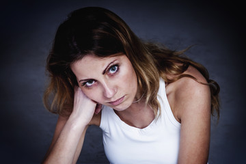 Obraz premium Portrait of stressed and depressed woman (frustration, anxiety, worries, problems concept)