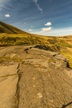 Ruined derelict road, remains of the A625, Derbyshire.