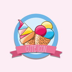 Cute icon design with emblem with  ice cream cones over pink background, colorful design. vector illustration