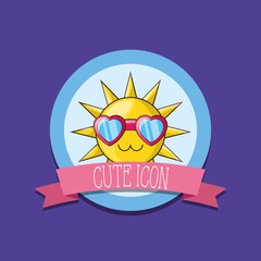 cute icons emblem with sun with glasses over purple background, colorful design. vector illustration