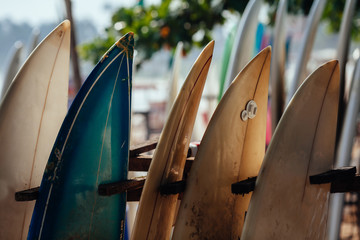 Set of different color surf boards in a stack by ocean.WELIGAMA, SRI LANKA. Surf boards on sandy...