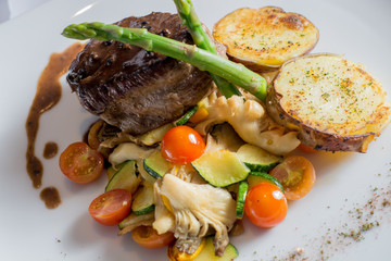 Tenderloin Three Peppers on a White plate