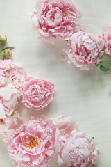Flat lay concept with beautiful peonies on white wood, can be used as background