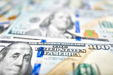 Background of 100 dollar bills. Money american hundred dollar bills.