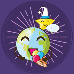 cute earth planet and stars over purple  background, colorful design. vector illustration