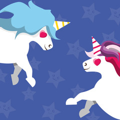 Cute unicorns over blue background, colorful design. vector illustration